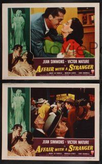 9s762 AFFAIR WITH A STRANGER 3 revised LCs '53 Victor Mature, Jean Simmons, cool border art!