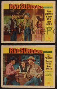 9s816 RED SUNDOWN 3 LCs '56 western cowboy Rory Calhoun, Martha Hyer & Dean Jagger!