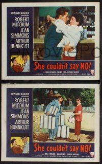 9s821 SHE COULDN'T SAY NO 3 LCs '54 sexy short-haired Jean Simmons, Dr. Robert Mitchum!