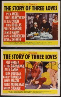9s745 STORY OF THREE LOVES 4 LCs '53 Kirk Douglas, Pier Angeli, Leslie Caron, Moorehead!
