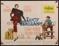 9w151 LUCY GALLANT style B 1/2sh '55 full-length image of Jane Wyman walking dog, Charlton Heston!