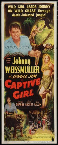 9w357 CAPTIVE GIRL insert '50 Johnny Weissmuller as Jungle Jim, Buster Crabbe, sexy jungle babe!