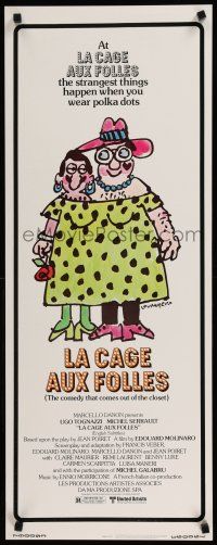 9w524 LA CAGE AUX FOLLES insert '79 Ugo Tognazzi, great wacky cross-dressing art by Lou Myers!