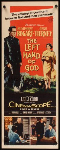 9w528 LEFT HAND OF GOD insert '55 art of priest Humphrey Bogart holding gun + sexy Gene Tierney!