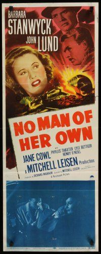 9w591 NO MAN OF HER OWN insert '50 Barbara Stanwyck, cool artwork of exploding train!
