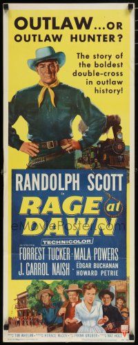 9w660 RAGE AT DAWN insert '55 cool artwork of outlaw hunter Randolph Scott by train!