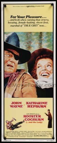 9w697 ROOSTER COGBURN insert '75 great art of John Wayne with eyepatch & Katharine Hepburn!