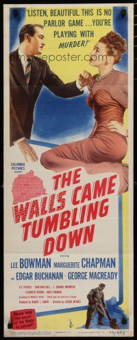 9w814 WALLS CAME TUMBLING DOWN insert '46 Lee Bowman, Lothar Mendes, cool crime artwork!