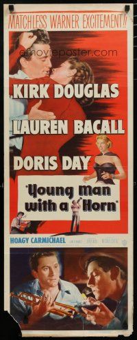 9w847 YOUNG MAN WITH A HORN insert '50 jazz man Kirk Douglas kisses sexy Lauren Bacall + Doris Day