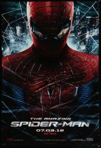 9x040 AMAZING SPIDER-MAN teaser DS 1sh '12 portrait of Andrew Garfield in title role over city!
