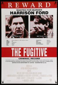 9x294 FUGITIVE recalled int'l 1sh '93 Harrison Ford is on the run, cool wanted poster!
