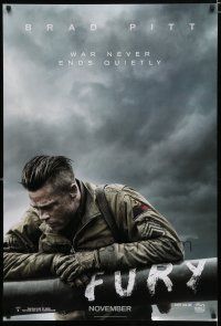 9x295 FURY teaser DS 1sh '14 great image of soldier Brad Pitt, war never ends quietly!