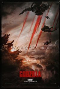 9x308 GODZILLA teaser DS 1sh '14 image of soldiers parachuting over monster & burning city!