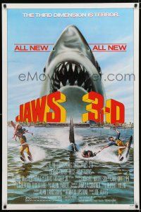 9x420 JAWS 3-D 1sh '83 great Gary Meyer shark artwork, the third dimension is terror!