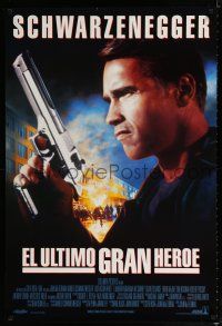 9x444 LAST ACTION HERO Spanish/U.S. DS 1sh '93 different artwork of Arnold Schwarzenegger with gun!
