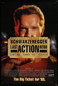 9x442 LAST ACTION HERO advance DS 1sh '93 cool image of Arnold Schwarzenegger holding ticket!