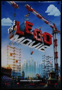 9x450 LEGO MOVIE teaser DS 1sh '14 cool image of title assembled w/cranes & plastic blocks!