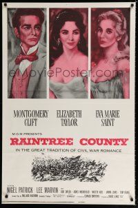 9x619 RAINTREE COUNTY 1sh R60s art of Montgomery Clift, Elizabeth Taylor & Eva Marie Saint!