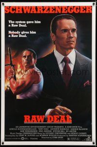 9x623 RAW DEAL 1sh '86 art of tough guy Arnold Schwarzenegger with gun & in suit!