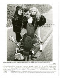 9y223 CRY-BABY 8x10.25 still '90 Johnny Depp on motorcycle between Ricki Lake & Traci Lords!
