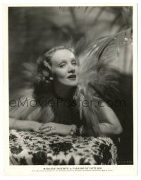 9y236 DEVIL IS A WOMAN 8x10.25 still '35 c/u of sexy Marlene Dietrich in wild feathered outfit!