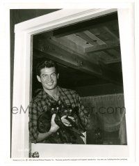 9y328 GEORGE NADER 8.25x10 still '55 great smiling portrait holding his two black cats in doorway!