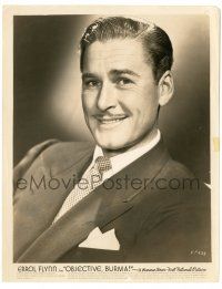 9y620 OBJECTIVE BURMA 8x10.25 still '45 best smiling portrait of Errol Flynn in suit & tie!
