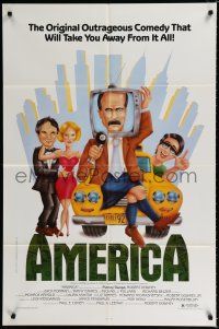 9z047 AMERICA 1sh '86 Robert Downey Sr., wacky New York City art by Roviria and Maldonado!