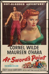 9z073 AT SWORD'S POINT 1sh '52 full-length Cornel Wilde, super close up of sexy Maureen O'Hara!