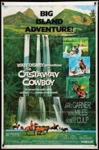 9z212 CASTAWAY COWBOY 1sh '74 Disney, art of James Garner with lasso in Hawaii on horse in water!