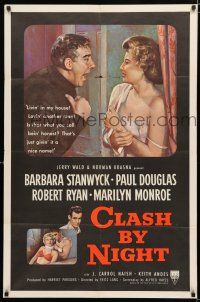 9z227 CLASH BY NIGHT 1sh '52 Fritz Lang, art of Barbara Stanwyck, Douglas & Marilyn Monroe shown!