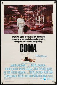 9z238 COMA 1sh '77 Genevieve Bujold finds room full of coma patients in special harnesses!