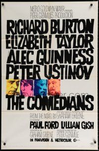 9z239 COMEDIANS style A 1sh '67 art of Richard Burton, Elizabeth Taylor, Alec Guinness & Ustinov!