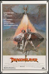 9z330 DRAGONSLAYER 1sh '81 cool Jeff Jones fantasy artwork of Peter MacNicol w/spear & dragon!