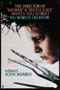 9z343 EDWARD SCISSORHANDS 1sh '90 Tim Burton classic, close up of scarred Johnny Depp!