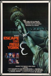 9z355 ESCAPE FROM NEW YORK advance 1sh '81 John Carpenter, art of handcuffed Lady Liberty by Watts!