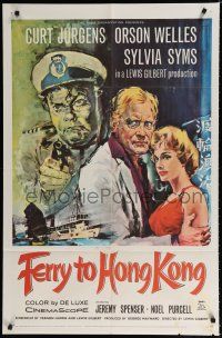 9z376 FERRY TO HONG KONG 1sh '60 artwork of Sylvia Syms & Orson Welles pointing gun at Curt Jurgens!