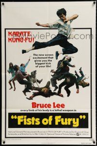 9z390 FISTS OF FURY 1sh '73 Bruce Lee gives you biggest kick of your life, great kung fu image!