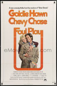 9z407 FOUL PLAY 1sh '78 wacky Lettick art of Goldie Hawn & Chevy Chase, screwball comedy!