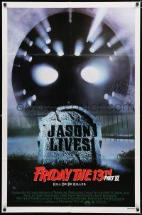 9z412 FRIDAY THE 13th PART VI 1sh '86 Jason Lives, cool image of hockey mask & tombstone!
