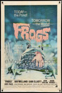 9z413 FROGS 1sh '72 great horror art of man-eating amphibian with human hand hanging from mouth!
