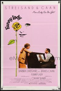 9z419 FUNNY LADY 1sh '75 Barbra Streisand watches James Caan play piano!