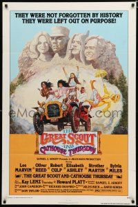9z446 GREAT SCOUT & CATHOUSE THURSDAY 1sh '76 wacky art of Lee Marvin & cast in Mount Rushmore!