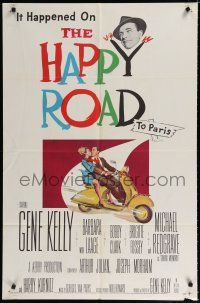 9z461 HAPPY ROAD 1sh '57 romantic art of Gene Kelly & Barbara Laage riding on Vespa!