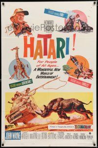 9z466 HATARI 1sh '62 Howard Hawks, artwork of John Wayne rounding up rhino in Africa!