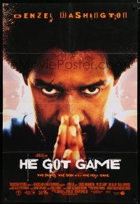 9z467 HE GOT GAME int'l DS 1sh '98 Spike Lee, basketball, close-up of Denzel Washington w/afro!