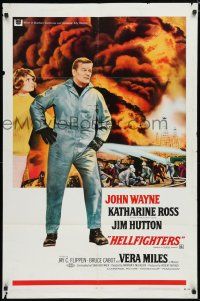 9z471 HELLFIGHTERS 1sh '68 John Wayne as fireman Red Adair, Katharine Ross, art of blazing inferno
