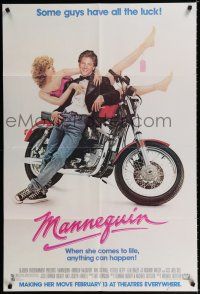 9z612 MANNEQUIN advance 1sh '87 great image of Andrew McCarthy & fake Kim Cattrall on motorcycle!