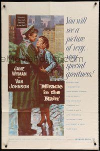 9z630 MIRACLE IN THE RAIN 1sh '56 great romantic art of Jane Wyman & Van Johnson!
