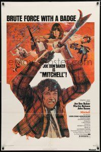 9z635 MITCHELL 1sh '75 art of Joe Don Baker in title role w/fireman's pike & sexy Linda Evans!